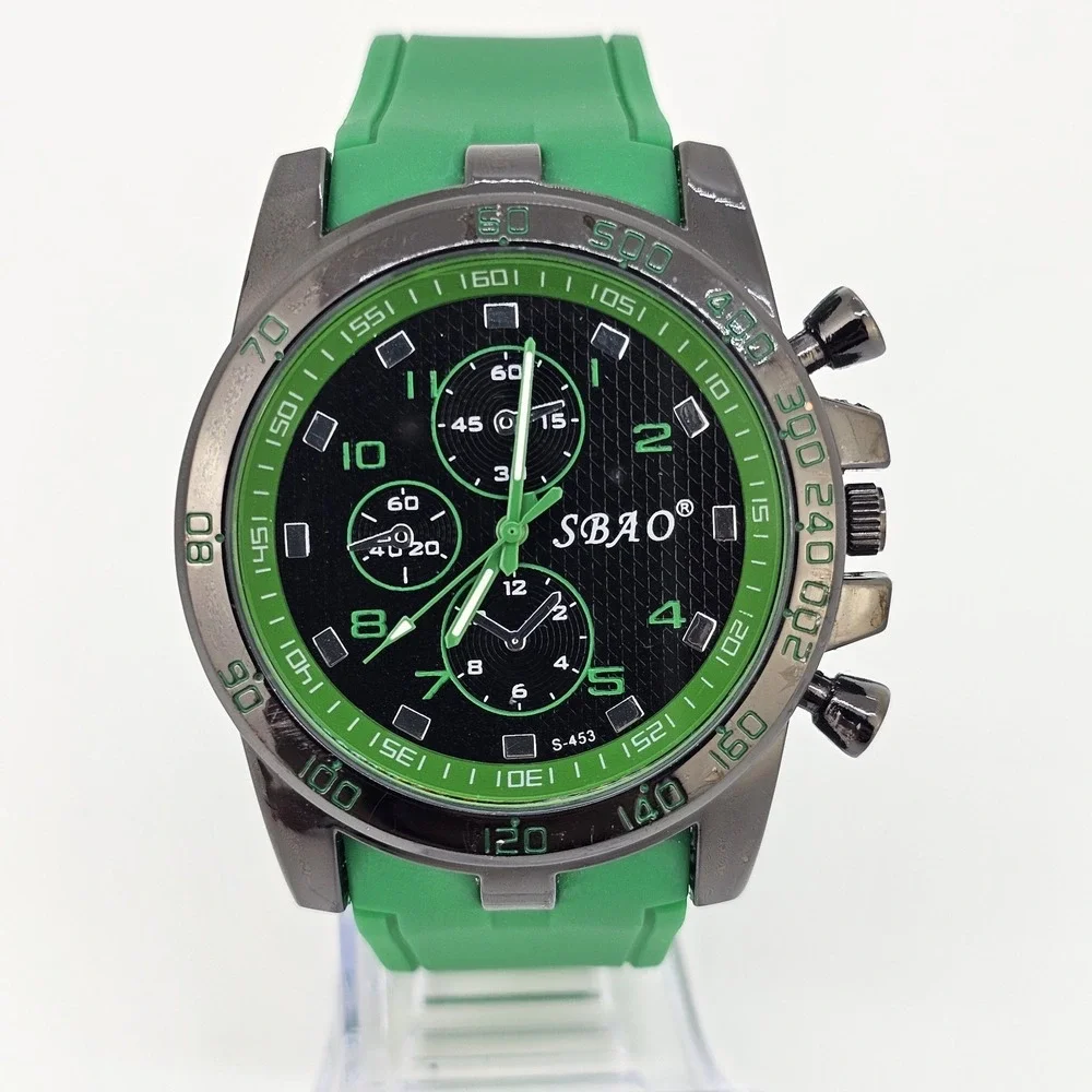 Men's Analog‎ Watch 45MM Black Dial Green Plastic Bands New Battery